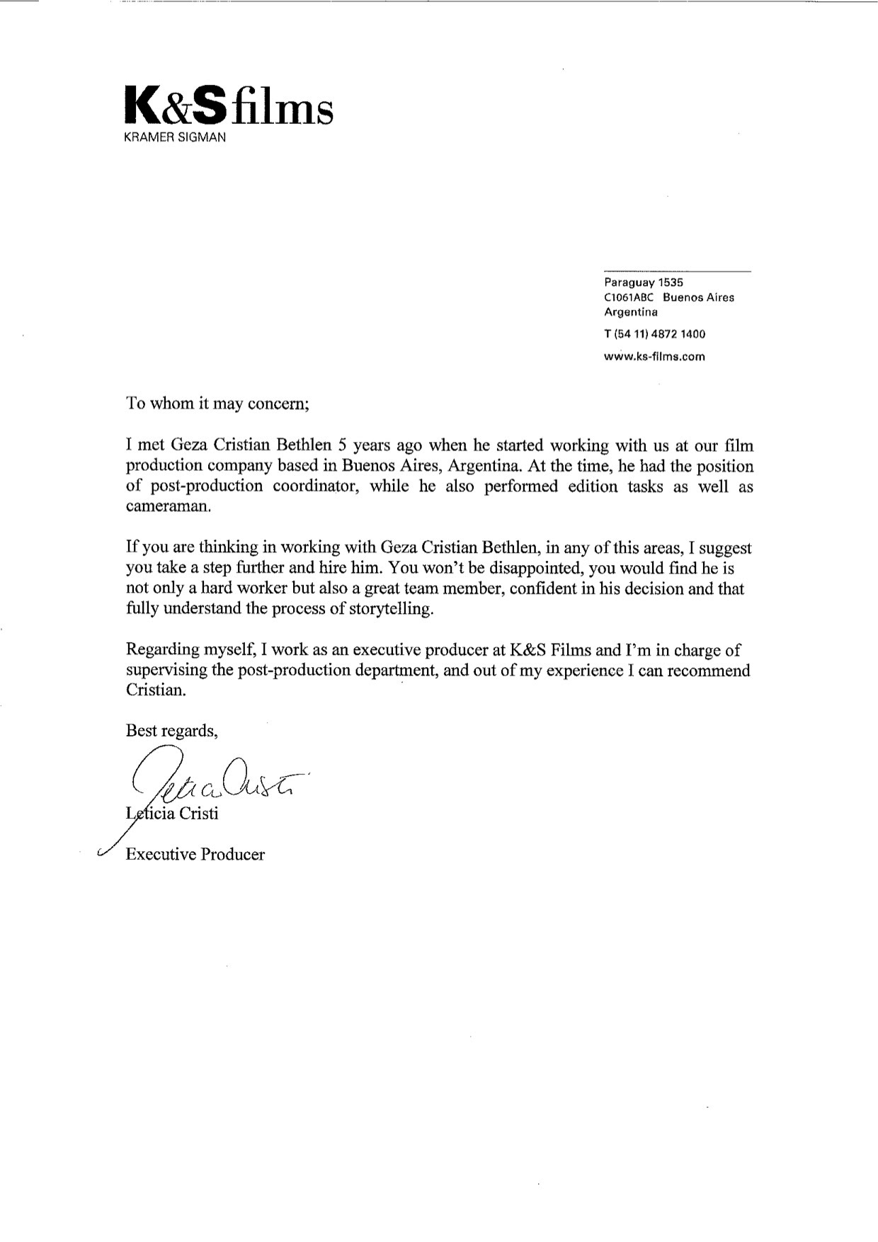 Geza Bethlen - Recommendation Letter K&amp;S