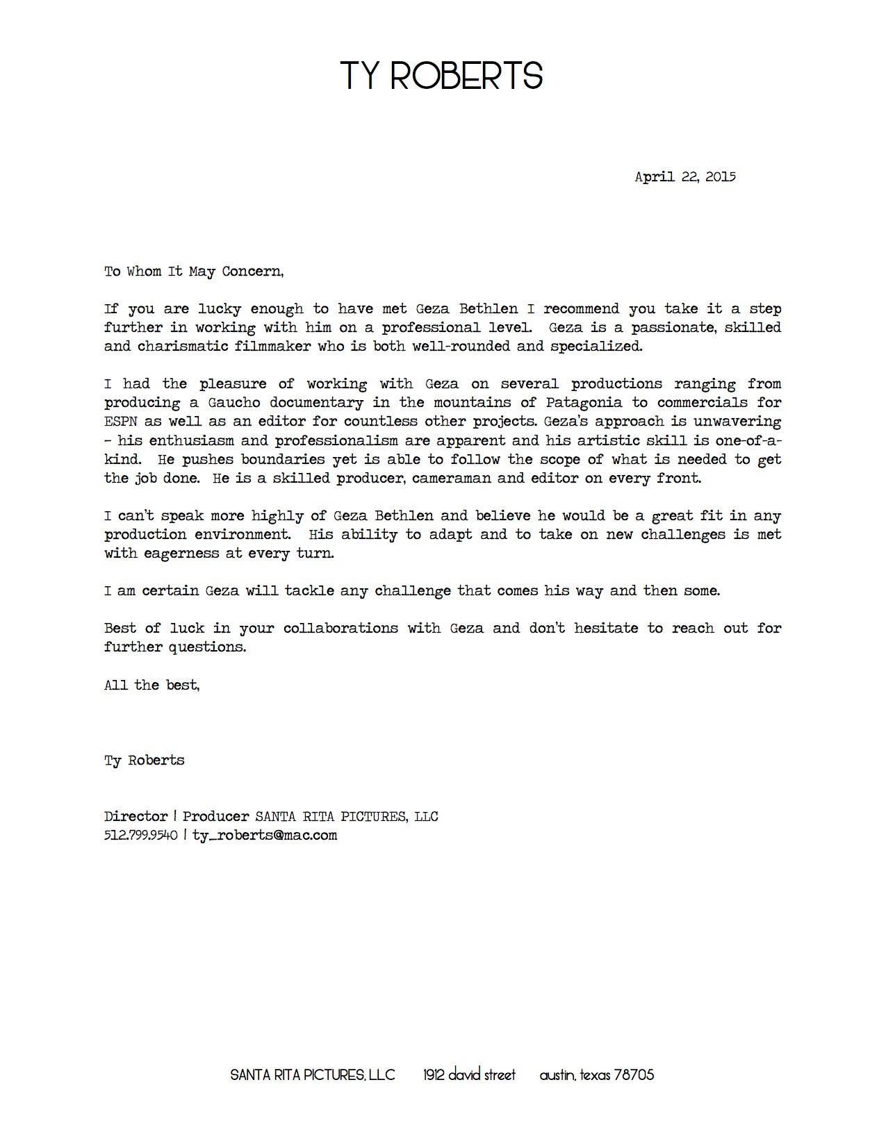 Geza Bethlen - Recommendation Letter TY